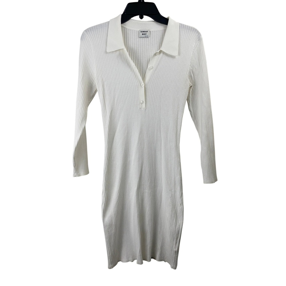 Sunday Best Aritzia Ribbed Knit Dress Women Medium White Polo  Long Sleeve